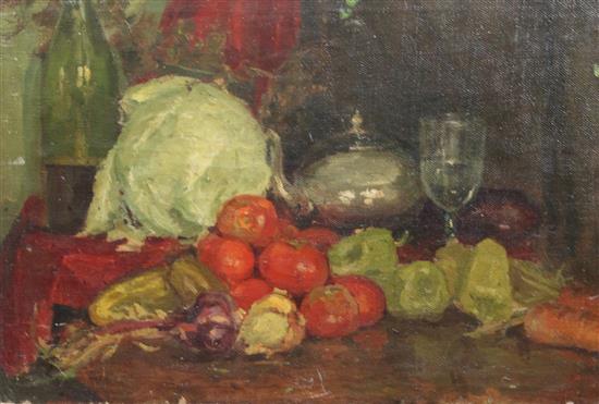 20th century Russian School Still life of vegetables and a tureen on a table top 19.5 x 29in., unframed